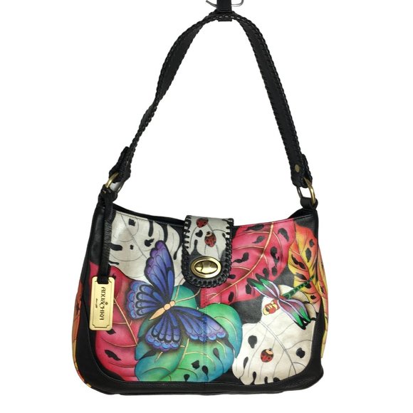 Anuschka NEVER USED Handpaint Leather Shoulder Bag Lady Bugs Butterfly - Picture 1 of 12